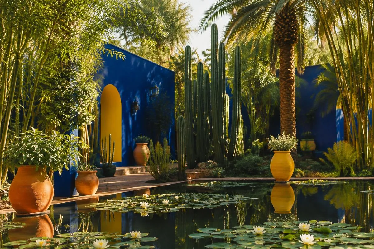 Majorelle blue walls and cactus garden in Marrakech