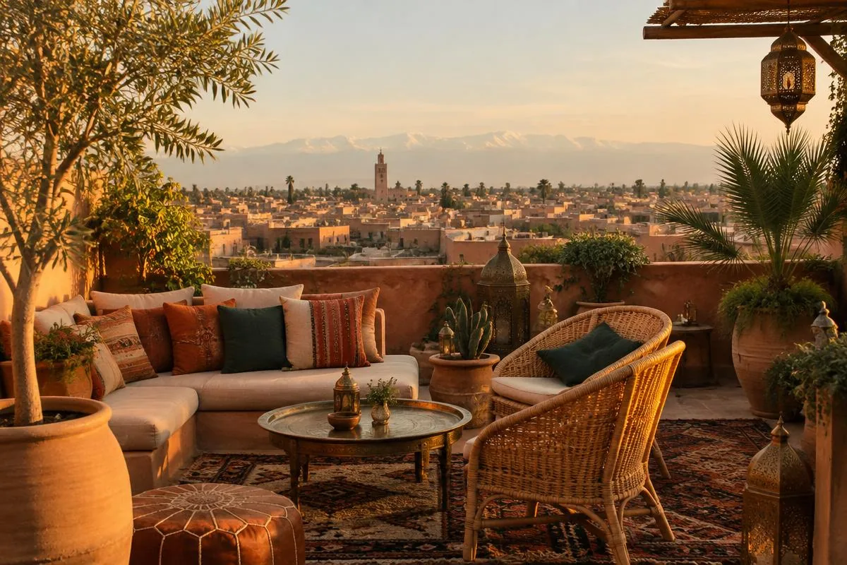 Rooftop terrace of a design riad overlooking the Marrakech medina at sunset