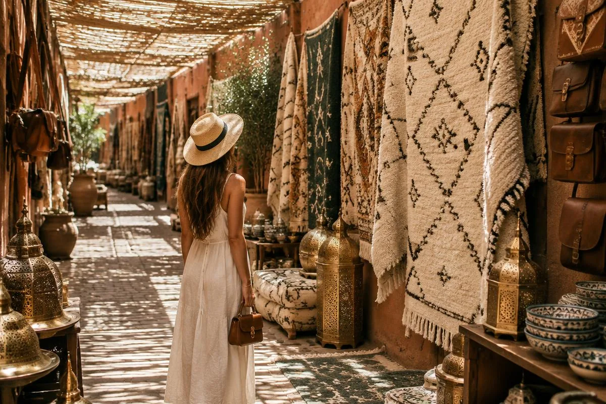Design shopping for rugs and lanterns in a Marrakech souk