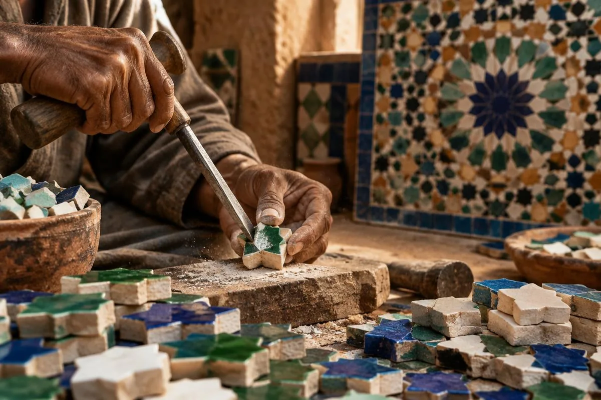 Artisan cutting zellige tiles in a Marrakech workshop