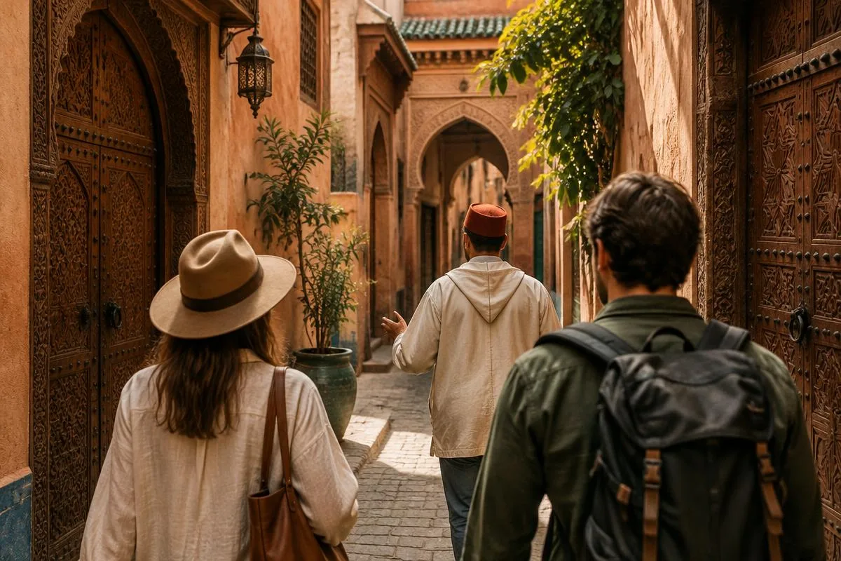 Private guide leading travellers through a Moroccan medina