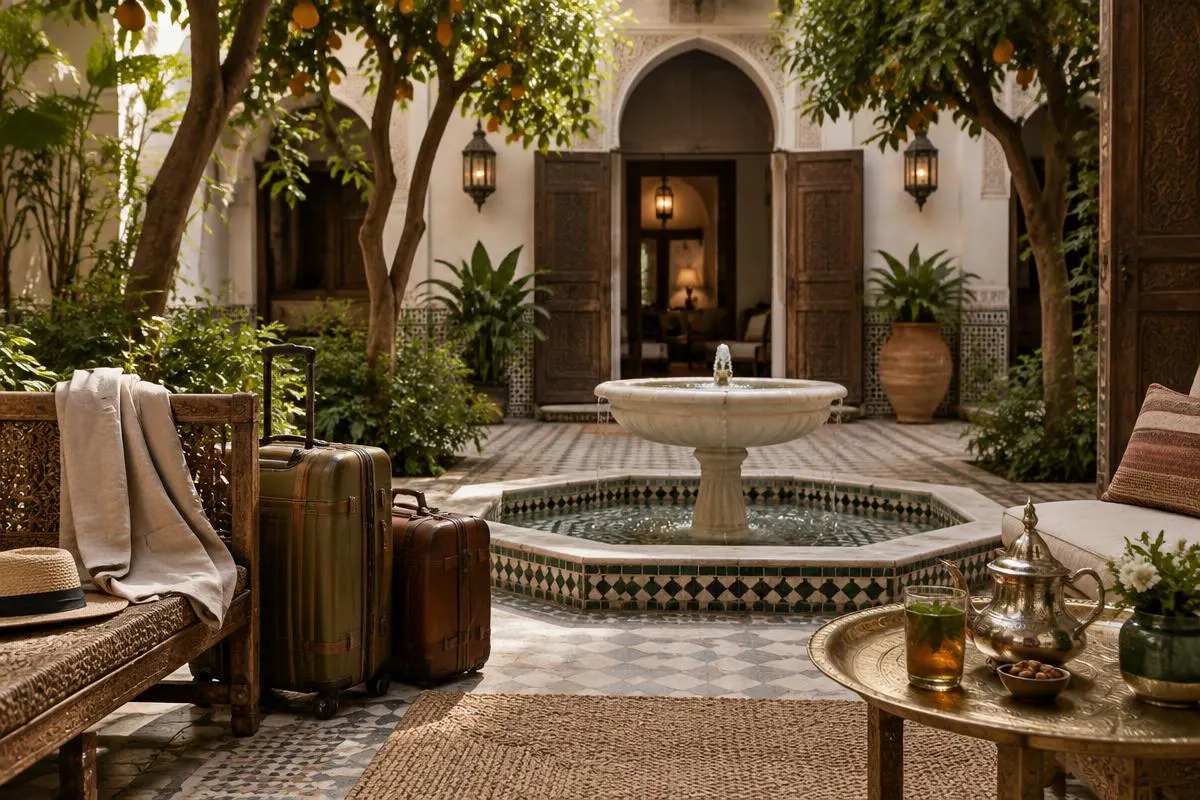 Arrival at a riad in Morocco after a flight from the US